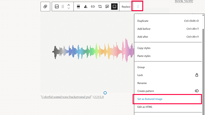 Set an image block to be used as featured image 设置要用作特色图片的图片块